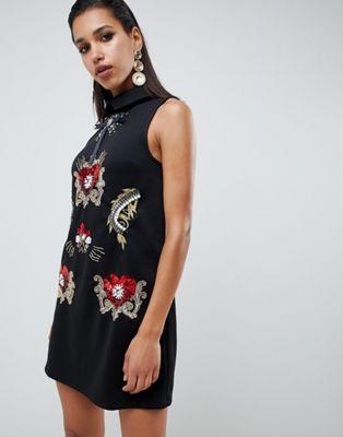 DESIGN Scuba Mini Dress with Heart Embellishment
