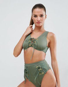 DESIGN Ribbed Mesh Lace Up Eyelet Bikini Top