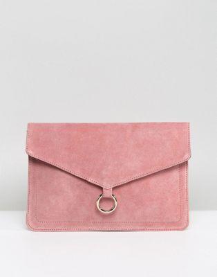 DESIGN suede envelope clutch bag with ring detail