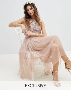 Maya Sleeveless Sequin Bodice Tulle Detail Midi Bridesmaid Dress With Cutout Back