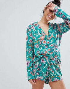 DESIGN Graphic Floral 100% Modal Traditional Shirt & Short Pajama Set