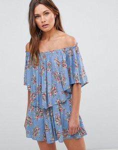En Creme Off Shoulder Floral Crop Top With Back Lace Up Strings