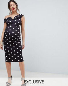 DESIGN Maternity scuba bardot midi dress in mono spot