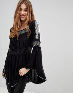 Free People Valley Embroidered Flared Sleeve Top