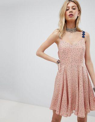 Kiss The Sky Cami Skater Dress With Lace Up Back In Star & Moon Ditsy Print