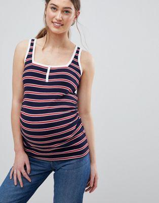 DESIGN Maternity Tank In Stripe Fancy Rib With Contrast Placket Detail