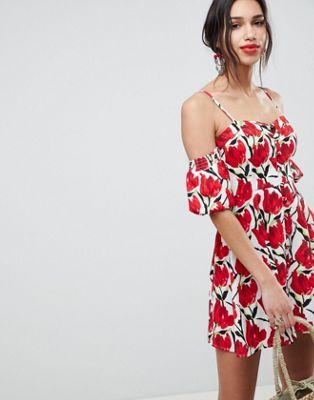 DESIGN Puff Sleeve Cold Shoulder Mini Sundress In Tulip Print