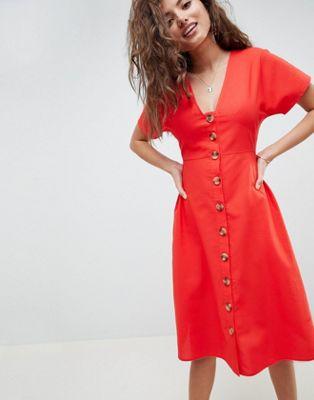 DESIGN button through midi casual skater dress