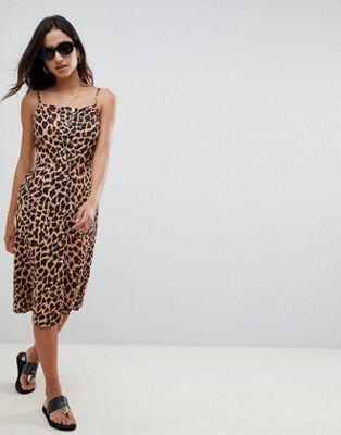 DESIGN button through midi linen sundress in leopard print